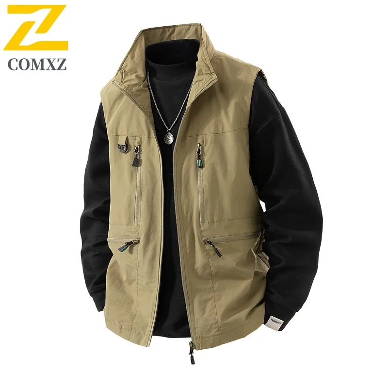 

COMXZ 2025 Men Multi Function Vest Stand Collar Multi Pocket Workwear Outdoor Photography Fishing Casual Big Size Coat