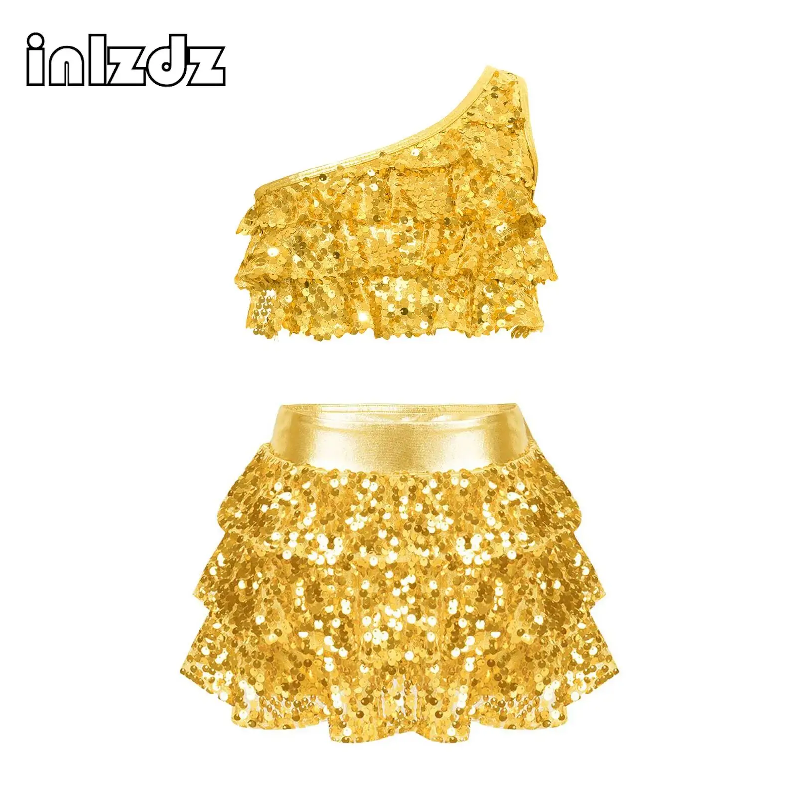 

Kids Girls Sequins Jazz Dance Outfit Moden Latin Hip Hop Costume One Shoulder Tiered Ruffles Crop Top with Pantskirt Set