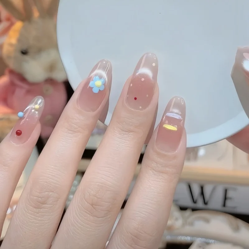 

10Pcs Handmade Medium Oval Nails Colorful Vibrant False Nails with Cat Eye Effect Dots&Flowers Design for Girls Party&Summer Art