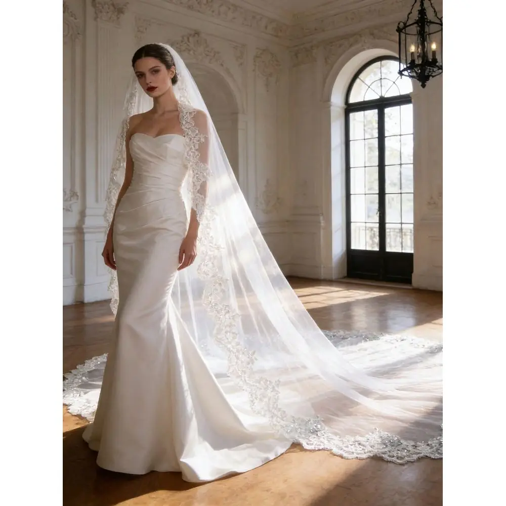 4m Luxury Lace Applique Bridal Veil, Suitable For Cathedral Wedding