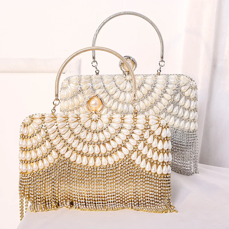 

2024 Women'S Crystal Evening Bag Plastic Pearl Clutch Bags Wedding Diamond Lock Bag Rhinestone Chain Tassel Handbag Shoulder Bag