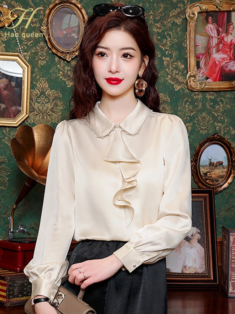 H Han Queen Spring Autumn Long Sleeve Office Vintage Tops Chiffon Blouse Women Ruffles Elegant Loose Casual Shirts And Blouses