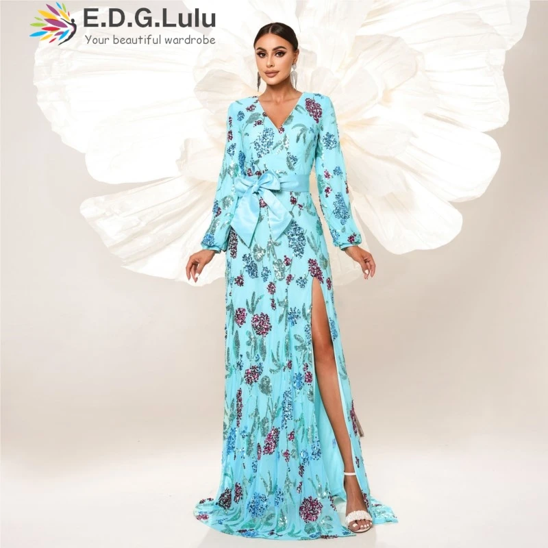 

EDGLuLu V-Neck Lantern Sleeve Sequin Print Birthday Dresses Luxury 2024 High Waist Lace-Up Bow Party Long Mermaid Dresses 0813