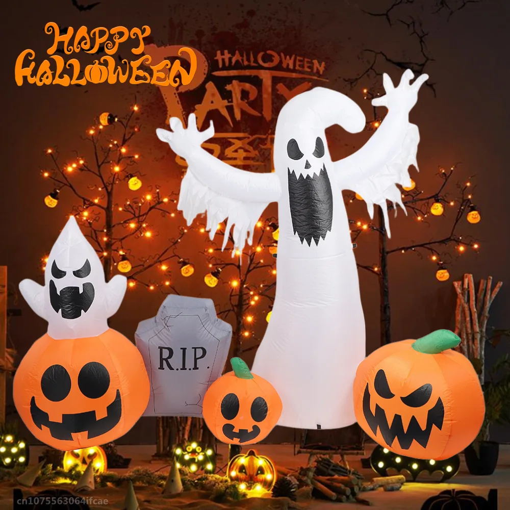 2,3M Halloween opblaasbare pompoen witte geest grafsteen ingebouwde LED-verlichting Halloween Party Indoor Outdoor opblaasbaar ornament