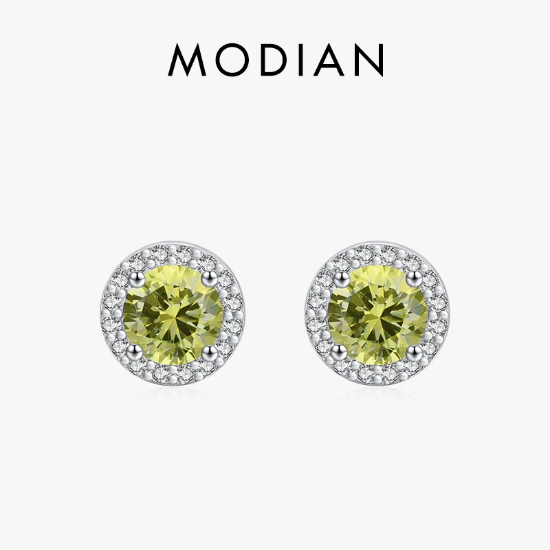 Modian 925 Sterling Silver Round Shape Green Zirconia Stud Earrings For Women Classic Luxury Wedding Statement Fine Jewelry Gift