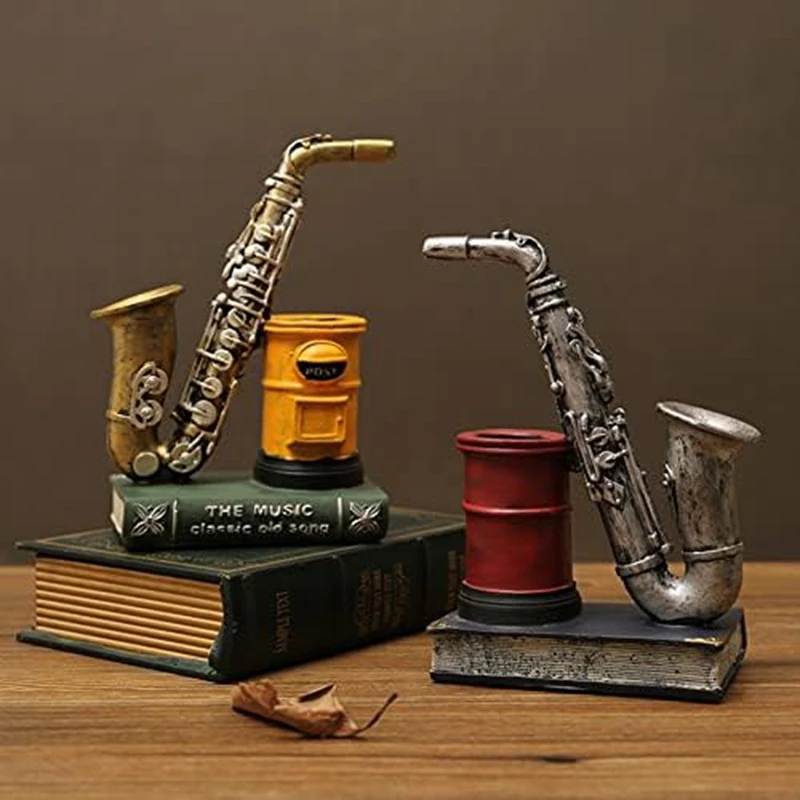 Saxophone Resin Waterproof Pencil Holder For Desk Makeup Brush Holder Office Supplies Resin Ornaments 13 X 8.5 X 20Cm