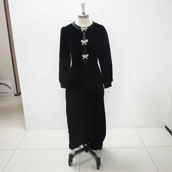 fashion Black Evening Dresses O-Neck Long Sleeve Bow Tea-Length Simple Prom Dress Customized Velvet Gowns for Elegant Women