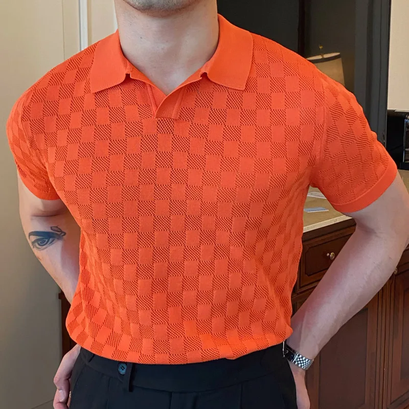 Summer Men Jacquard Plaid Short Sleeve Polo Shirt Casual Lapel T-shirt High Quality Contrast Color Tee Tops Business Men Orange