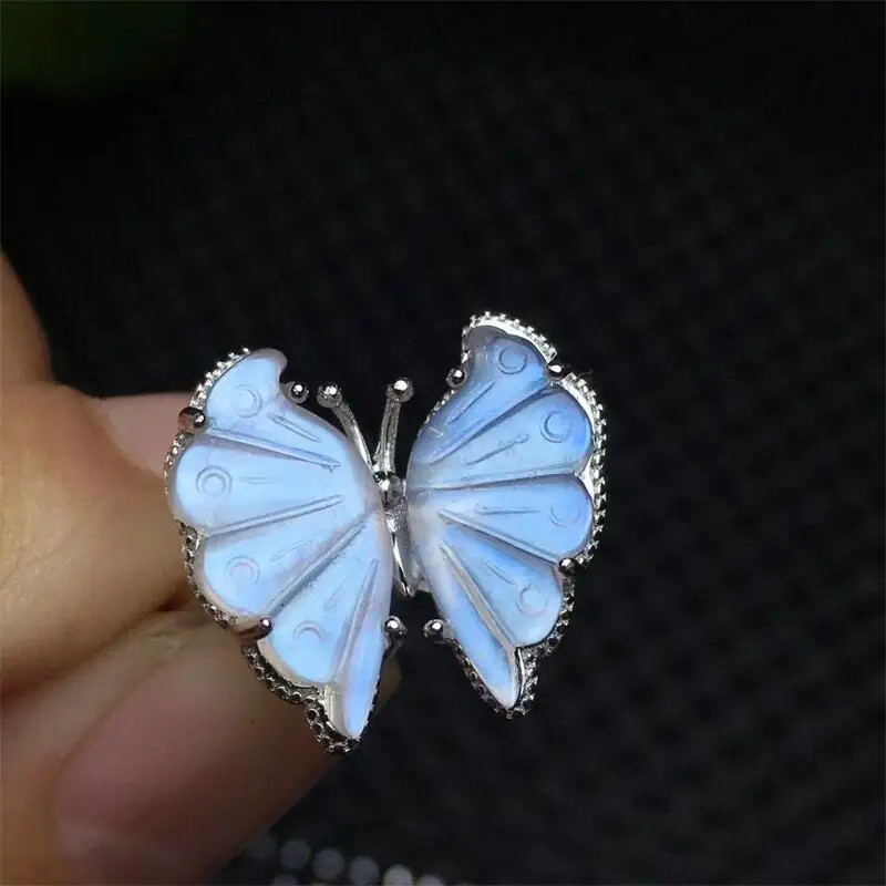 S925 Natural Blue Moon Stone Butterfly Rings Crystal Gemstone Trendy Creative Mature Fashion Women Healing Jewelry Gift 1PCS