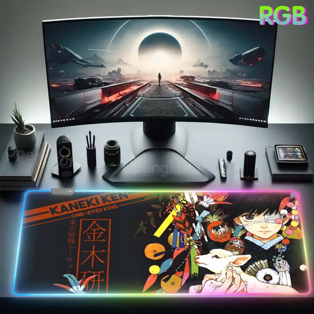 T_tokyo G_ghoul Mouse Keyboard Carpet Pad RGB Rubber Mouse Pad LED Mouse Pad Ergonómico Mauspad Lamp Anime Desk Protector