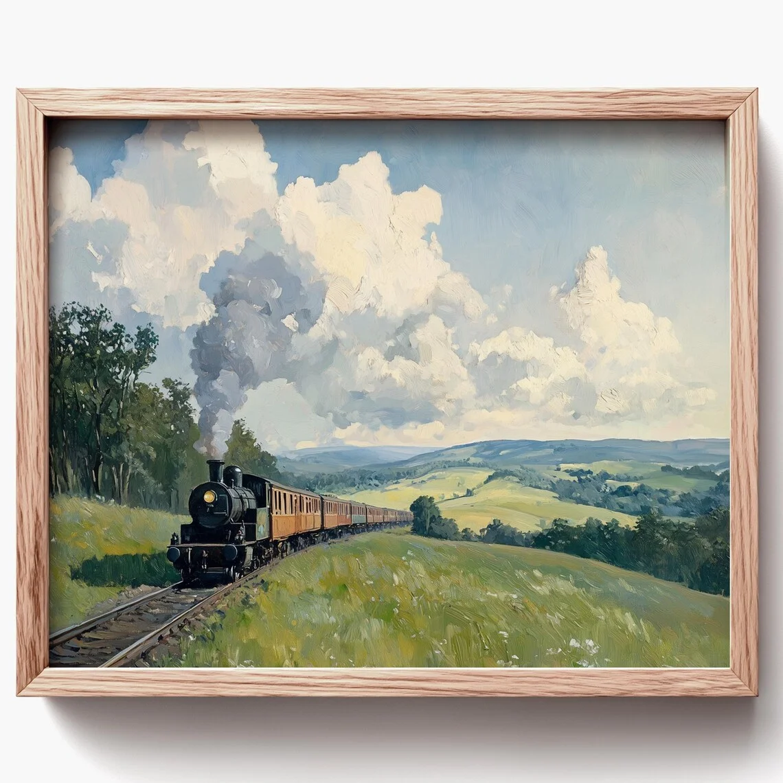 Steam Train Wall Art Print, Railway Decor Painting, Countryside Poster, Retro Artworks for Living Room Bedroom and Office