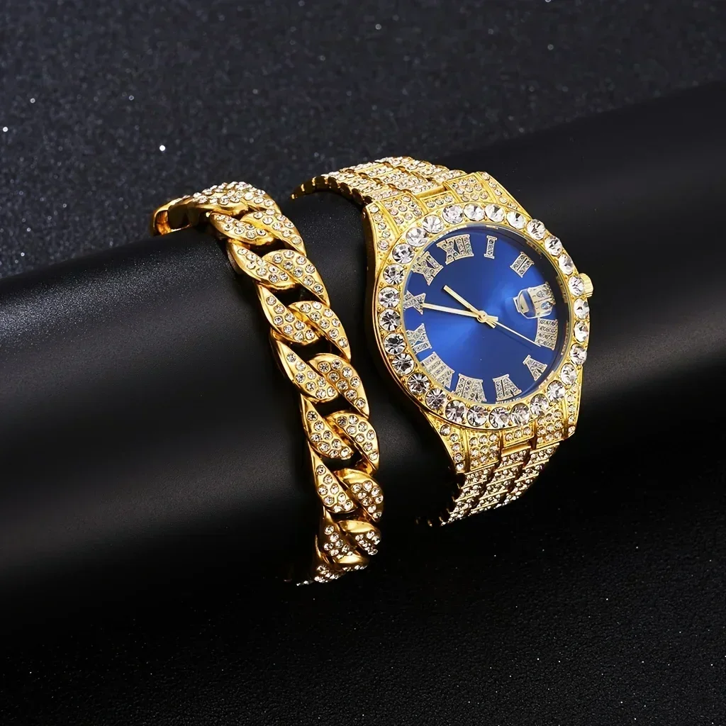 2pcs/set Iced Out Watch Men Luxury Brand Full Artificial Diamond Men\'s Watches Quartz Men\'s Watch Hip Hop Male Clock Gift For