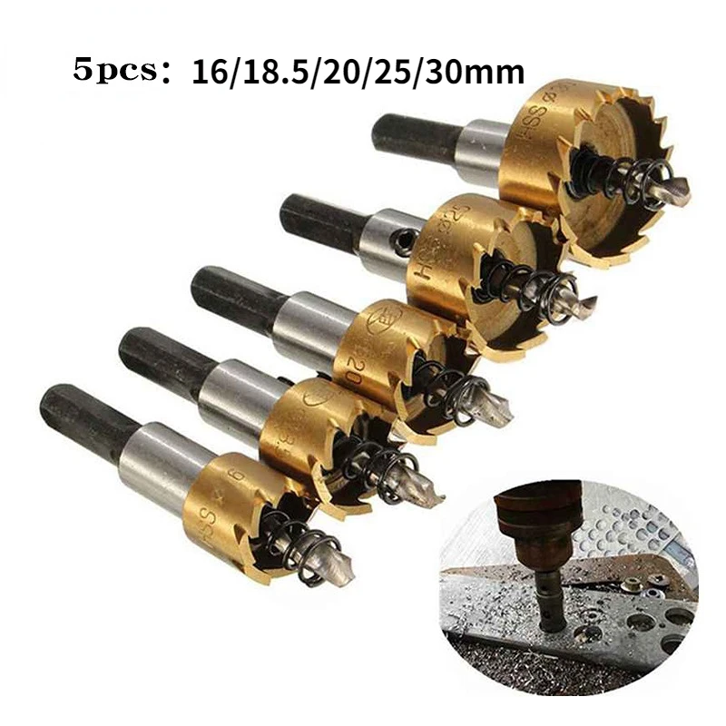 

5Pcs 16-30mm Titanium Plating HSS Carbide Tip Drills Bit Hole Saw Set High Speed Stainless Steel Metal Alloy Pocket Hole Jig