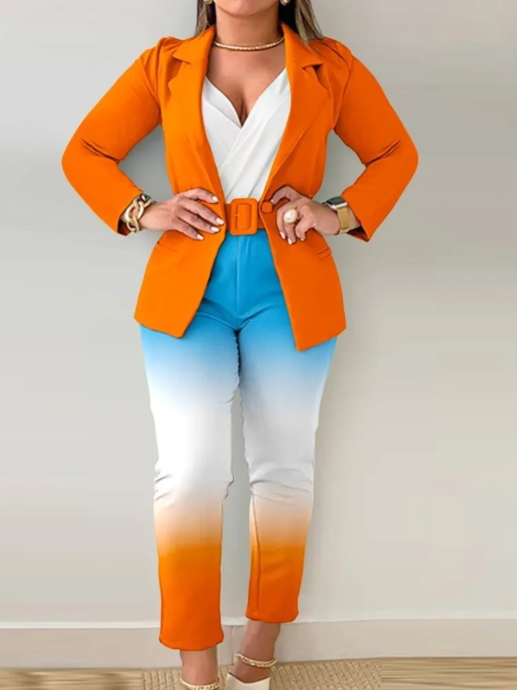 Ensemble de travail deux pièces avec ceinture pour femme, blazer à col à revers, manteau cardigan, pantalon, lettre imprimée, mode, bureau imbibé,