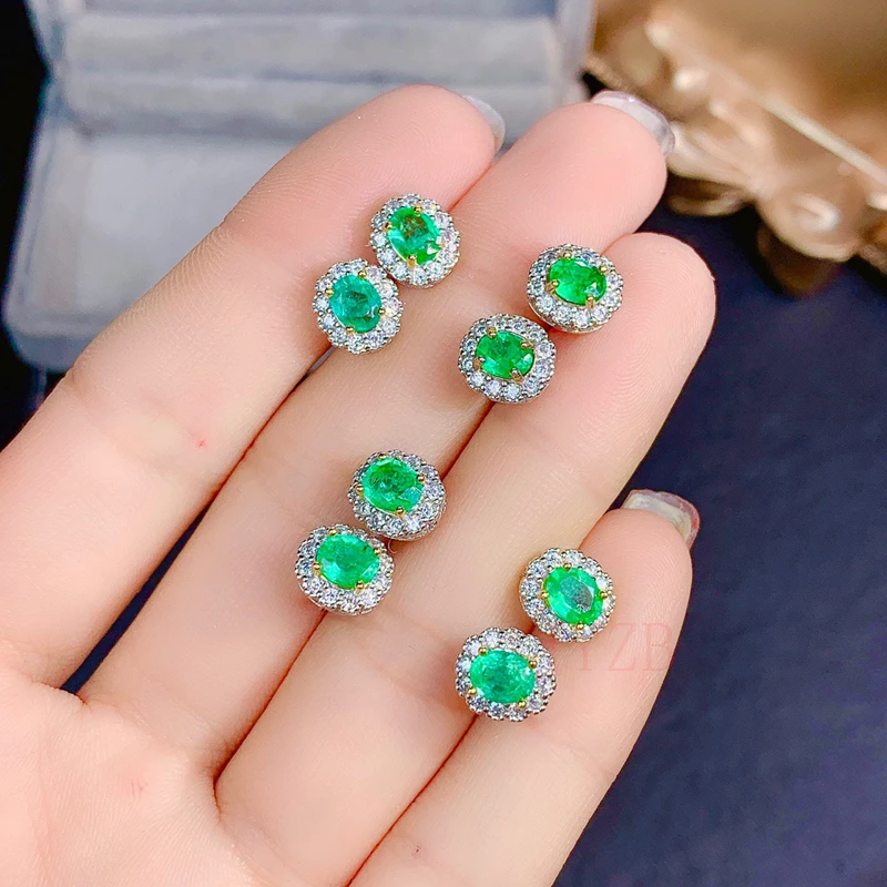 100% 925 sterling silver natural Colombian emerald earrings 18K gold-plated stud earrings for women's wedding fine jewelry
