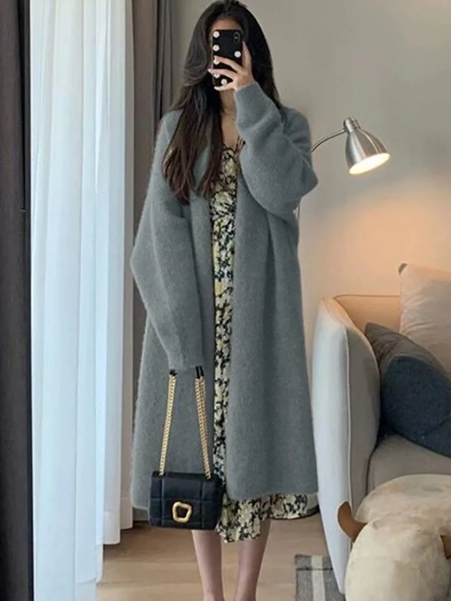 

Mid-Long Cardigans Cute Womens Autumn Tonal Classic Neck Stylish Contrasting Grid Athleisure Puff Half-Open Exquisite Loose-Fit