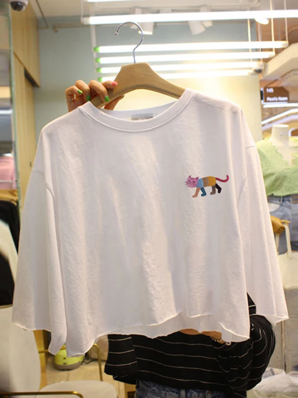 

Loose ort Sve T-irt Women's Summer New Sle Cartoon Print Seven-Five Sve Top Korean Sle Cotton round Ne ort ...