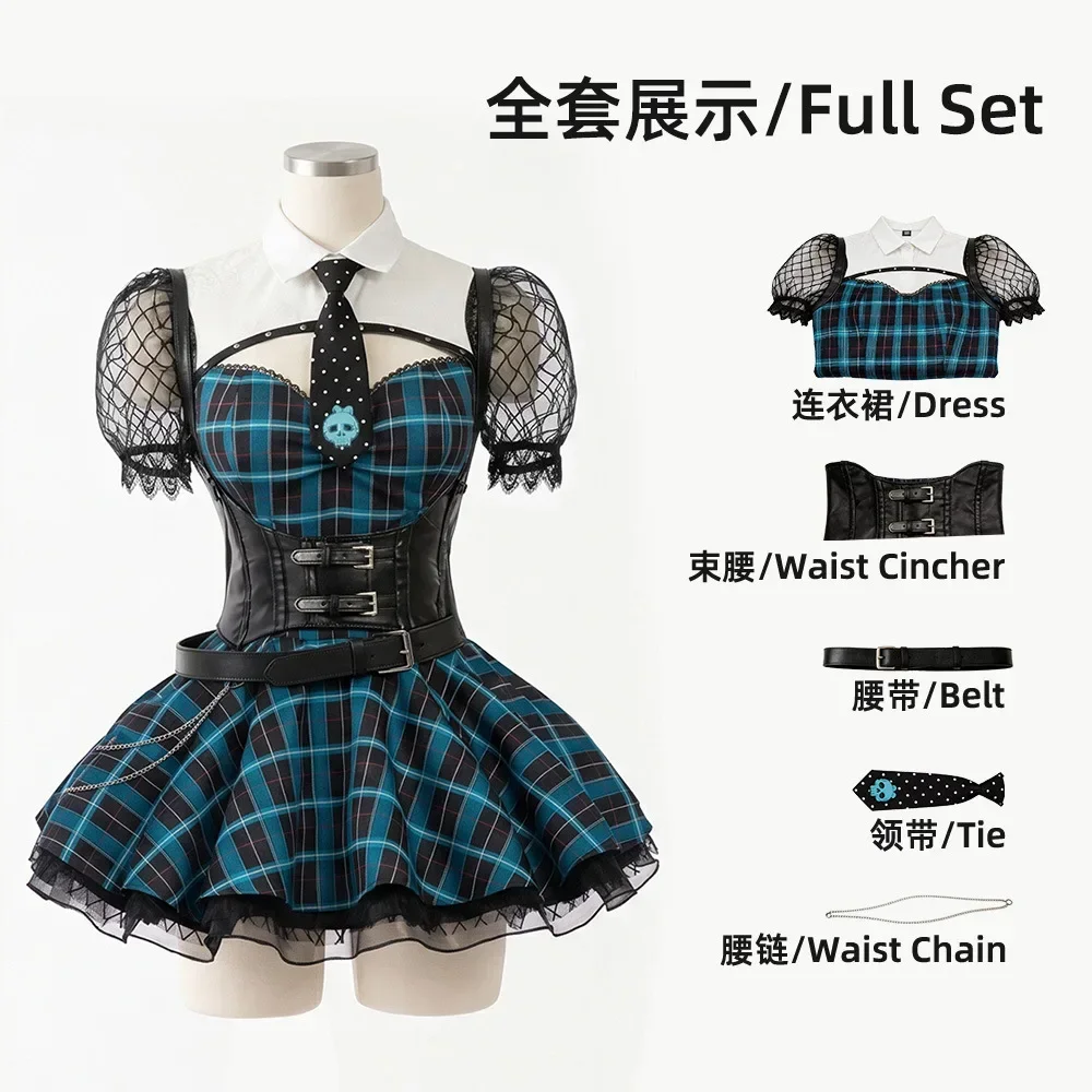 Frankie Stein Cosplay-Outfit, Damen, Gothic, kariertes Schuluniformkleid, Halloween-Maskerade, Comic-Con, Rollenspiel-Kostüm. – Detail 3