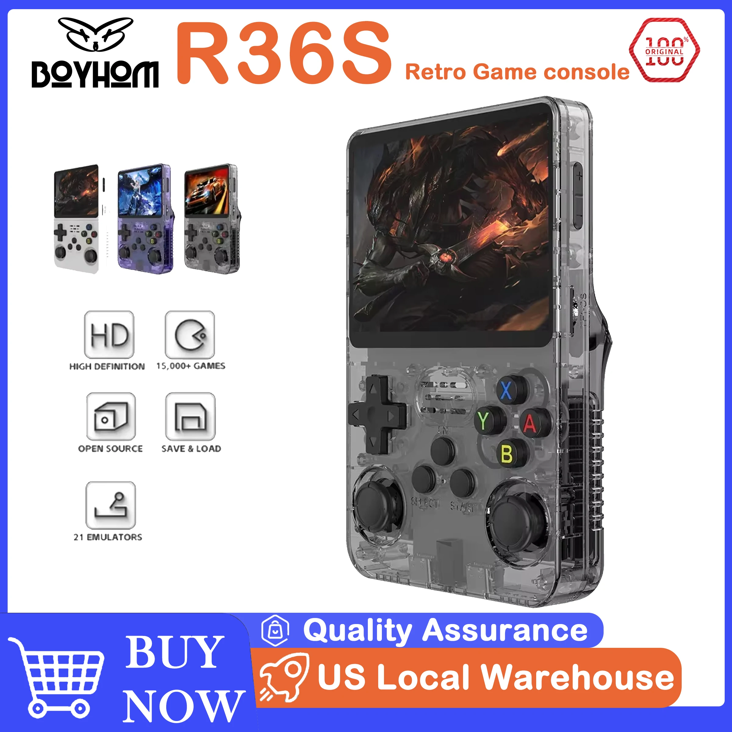 

BOYHOM R36S Retro Handheld Game Console 3.5'' IPS,15000+ Games, Linux Portable Pocket Player, 64G TF Card RK3326, Original ARKOS