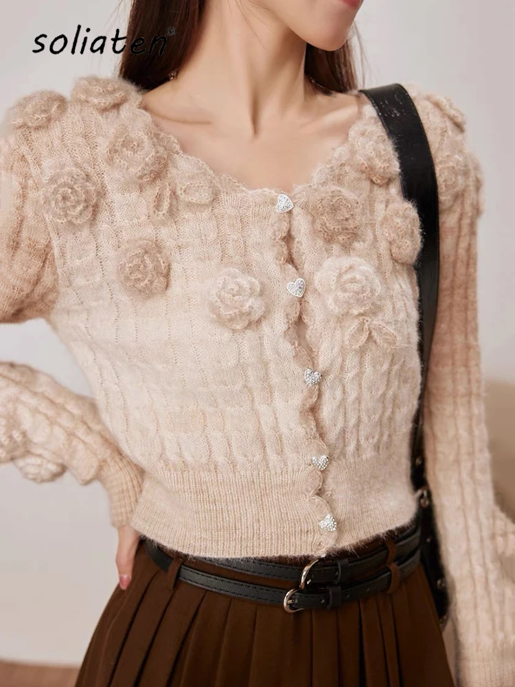 Luxury Designer Brand Mohair Knitted Cropped Cardigan for Women Long Sleeve 3D Flower Twists Short Y2K Sweater Coat C-125