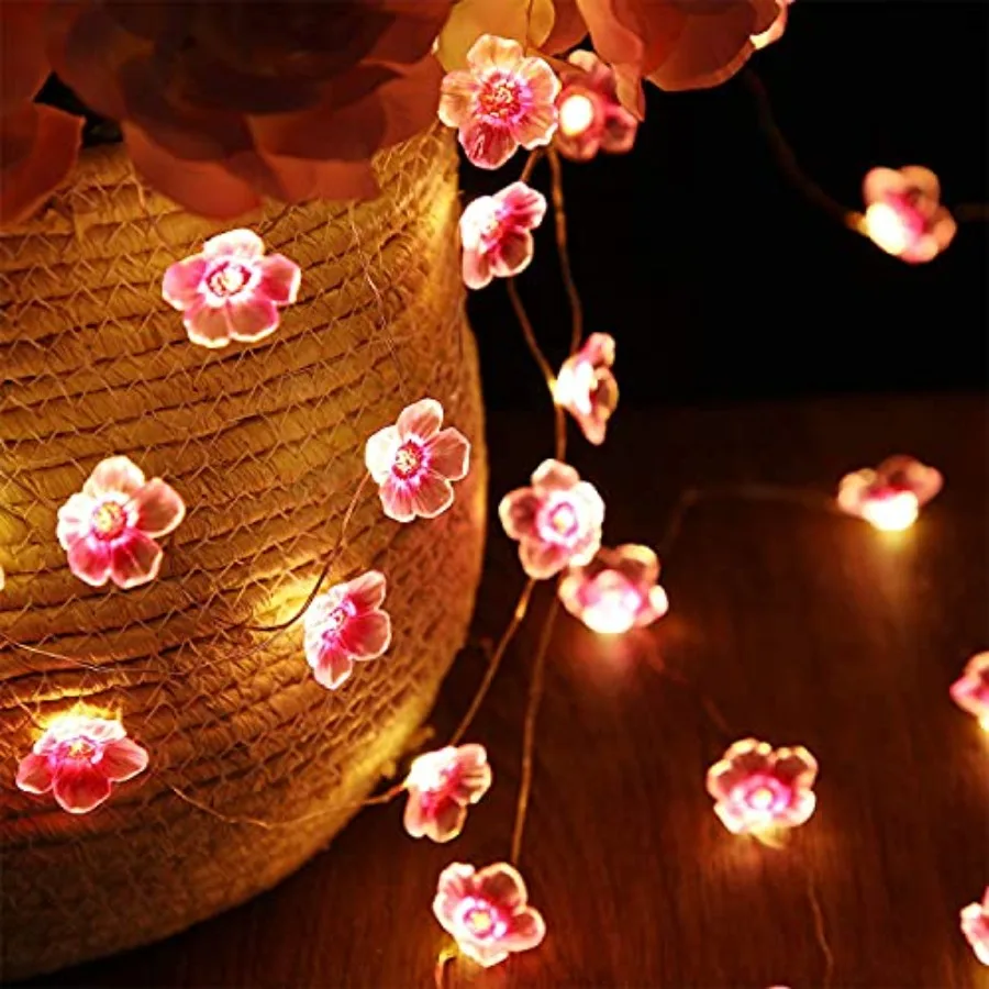1 Pack Cherry Blossom Flower String Lights 13 FT 40 LEDs for Bedroom, Pink Fairy Lights USB and Battery Operated Decorative Str