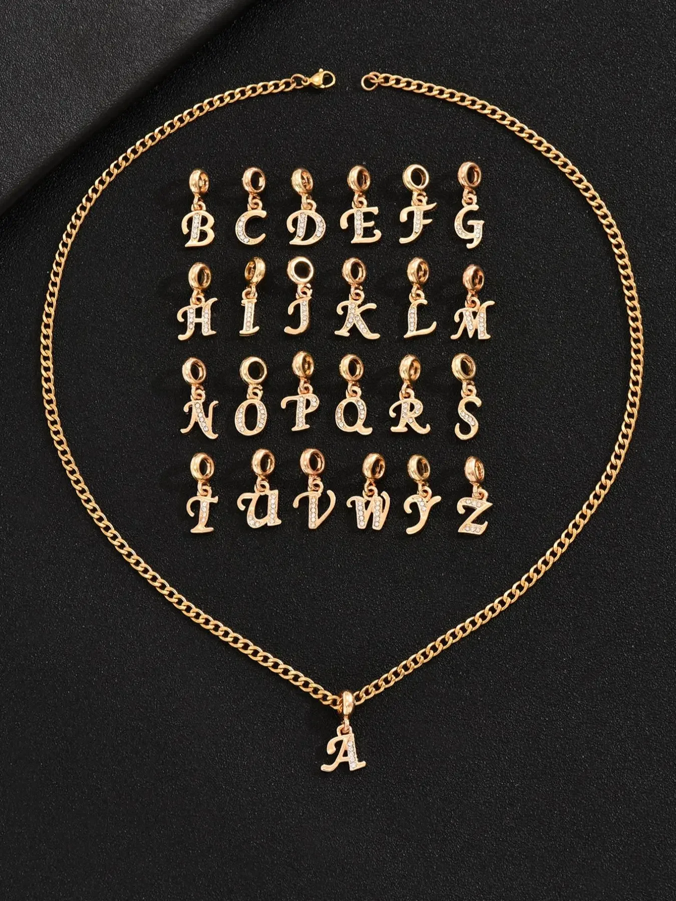 Alphabet Charm Pendant Necklace for Men, Letter Necklace, Letters Necklace, Stainless Steel Jewelry, European and American Men's Jewelry A-z Studded with Rhinestone Decor, Perfect for Gift, Trendy Charms Necklace, Charm Necklaces
