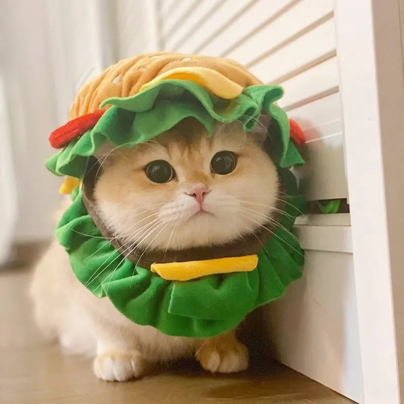 Plush Burger Shape Cat Head Cover, Adorable Pet Costume Hat for British Shorthair Ragdoll Cosplay Decoration