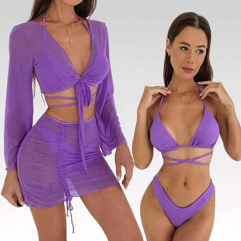 Sexy Bikini-Set für Damen, Badeanzug, geteilt, Neckholder, Dreieck, Mikro-Bikini, Netzstoff, Vertuschung, 2025, neuer Strandurlaub, Badeanzug, dreiteilig