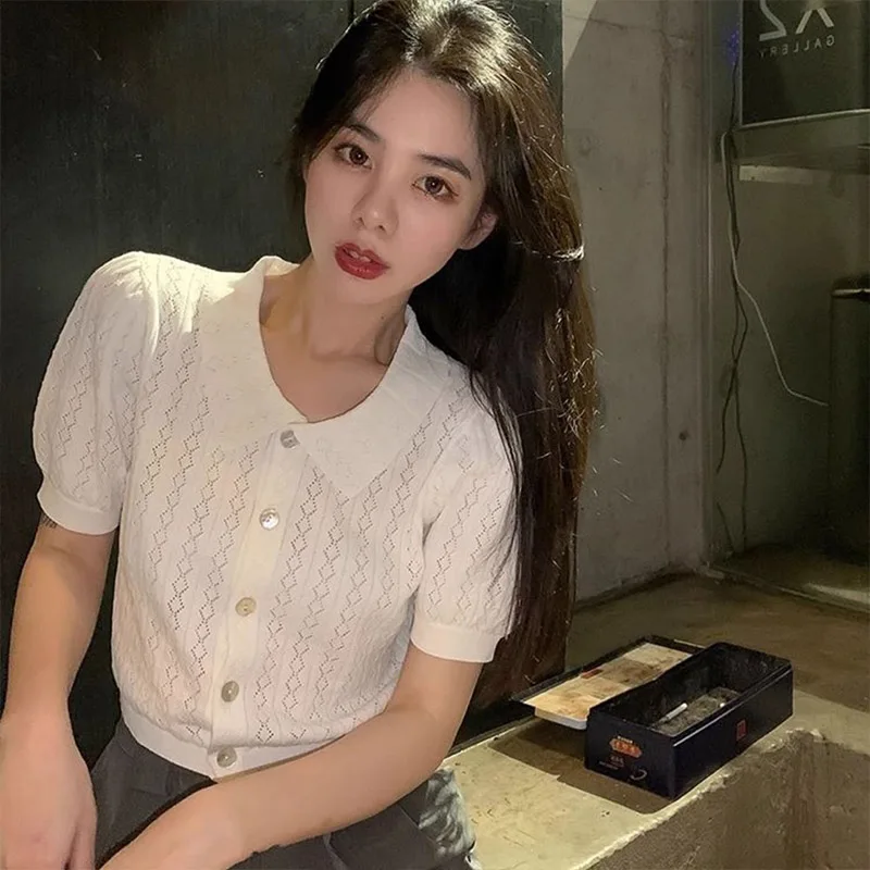 

Summer French Short Sleeve White Knitting Shirt Women Fashion Elegant Polo-neck Thin Top Office Lady Sweet Hollow Out Cardigan
