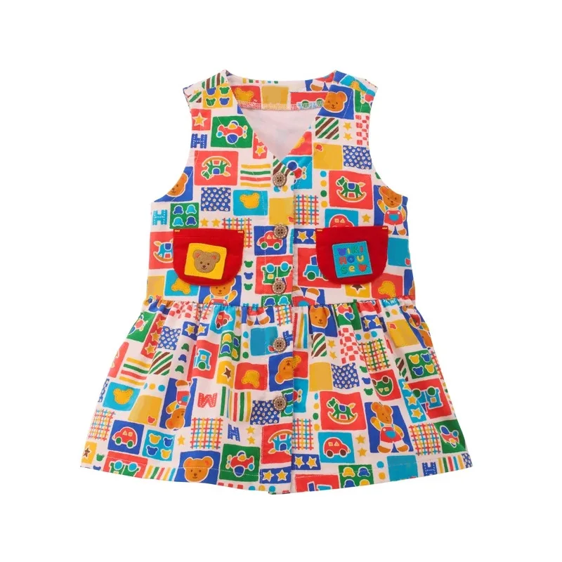 Adorable Bear Allover Plaid Print Dress for Little Girls Japanese Cartoon Alphabet Colorblock Sleeveless Autumn Dress
