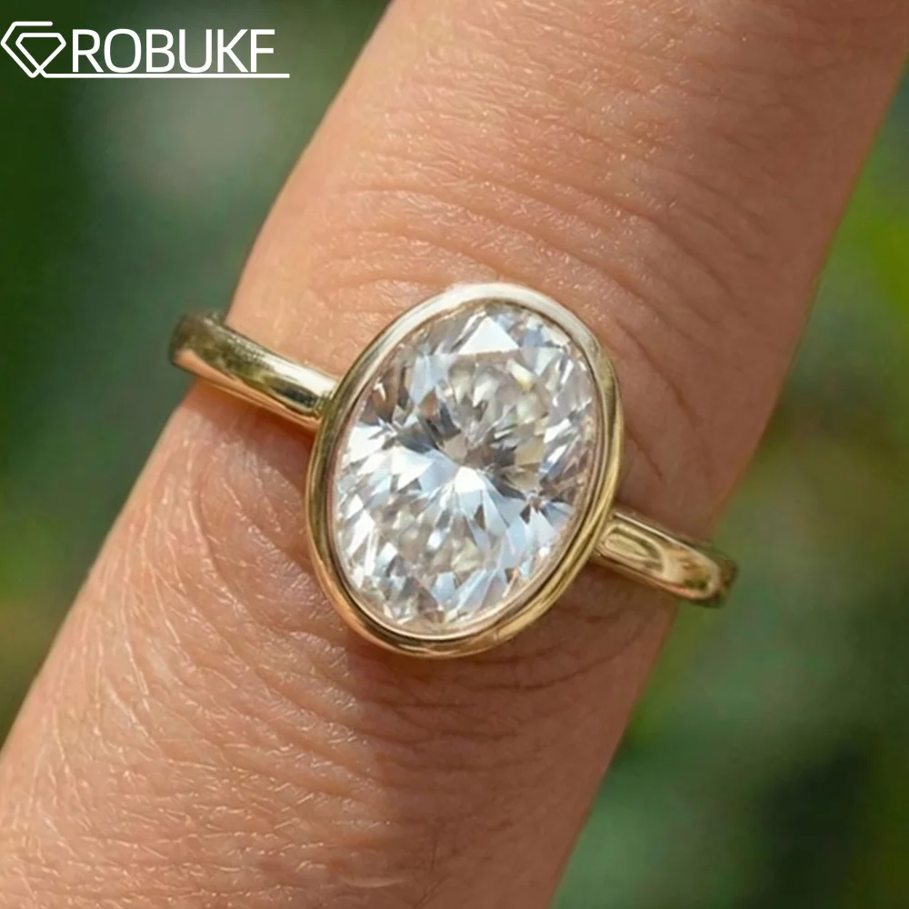 2CT Bezel Set Oval Cut Solitaire Moissanite Rings for Women 925 Sterling Silver 18K Gold Plated Wedding Band Anniversary Gifts