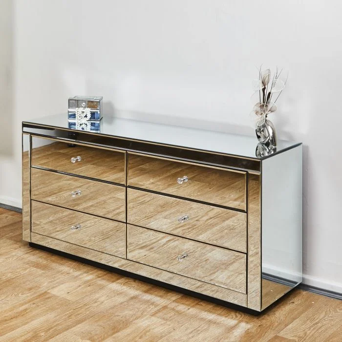 

6 Drawer Cabinet Table Full Mirrored Dresser for Bedroom Hotel