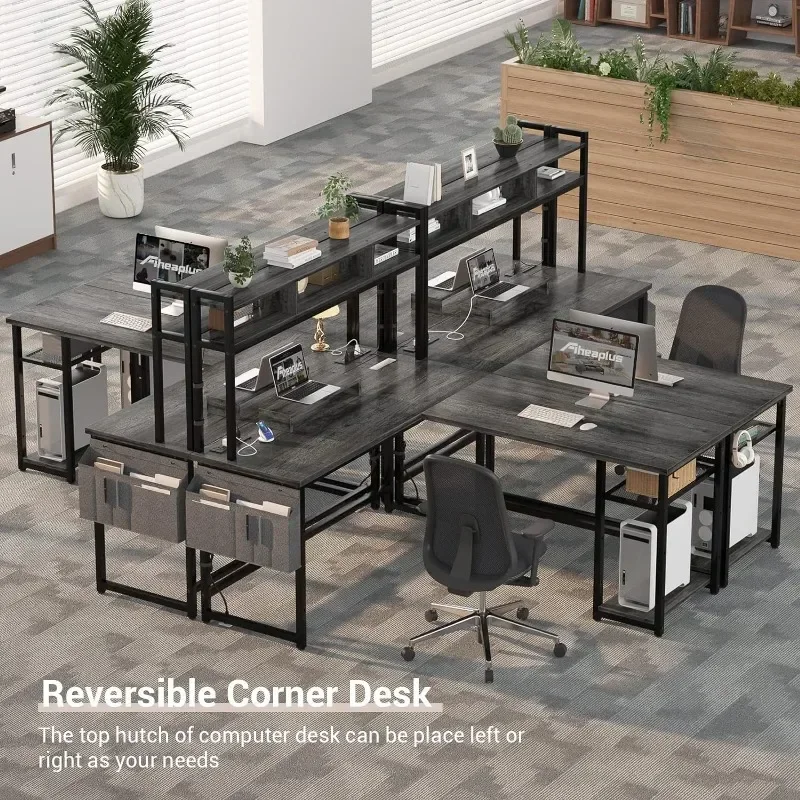 Shaped Desk with Power Outlet&LED Strip,Reversible L-Shaped Corner Computer Desks Gaming Desk with Storage Shelf & Monitor Stand