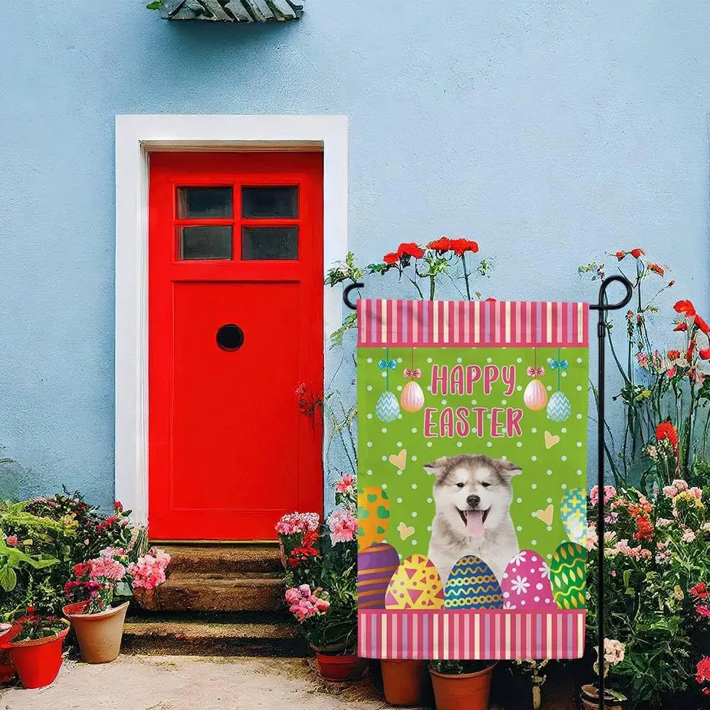 Sheltie Dog Happy Easter Garden Flag Colorful Eggs Polka Dots Stripe Holiday Decorative Yard Flag Banner for Outside Double Side