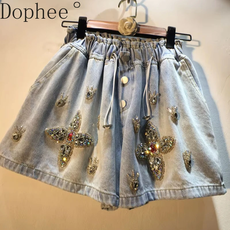 

European Station 2025 New Summer Women Hot Shorts Diamonds Water Drill Beading High Waist Wide Leg Pants Casual A-line Shorts