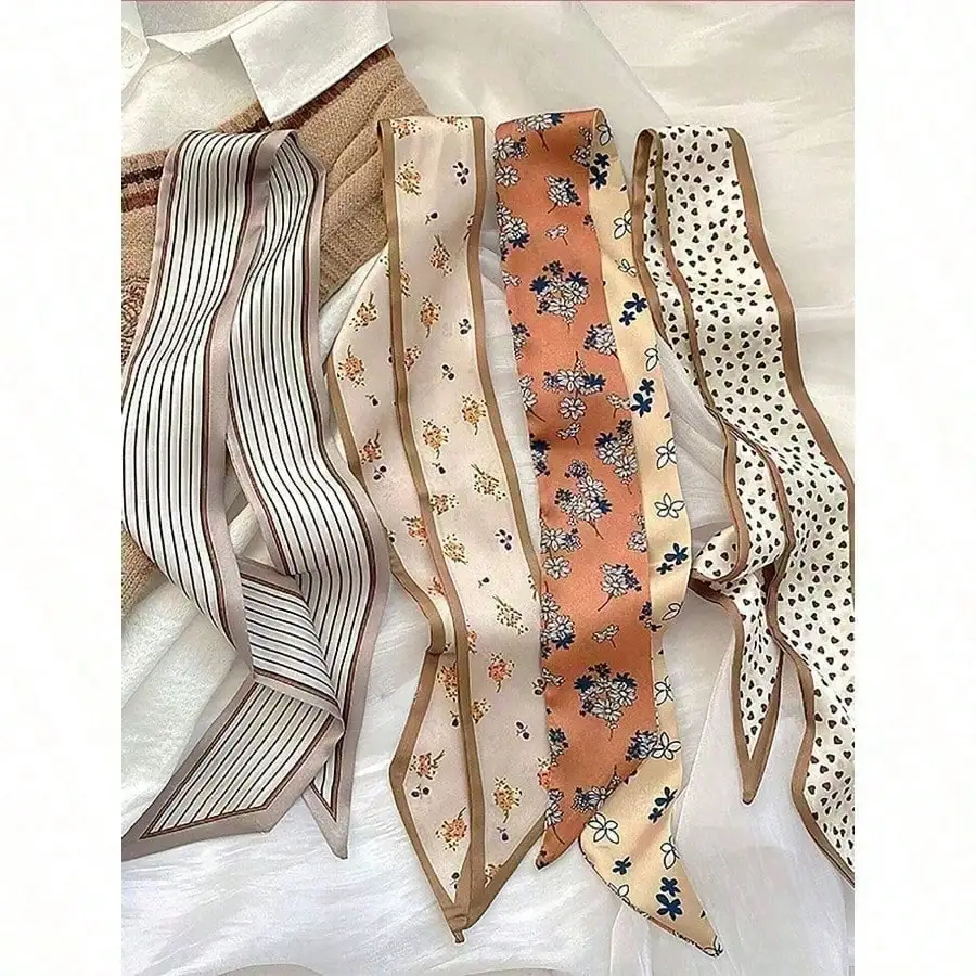 

4pcs/Set Elegant Khaki Silk Scarves & Floral Pattern Hairbands & Stylish Hair Tie, Multi-Use For Daily Life And Vacation Headband Turban Headband Sweatband, School Stuff, College, Headbands Fall Winter Hair Band Hair Accessories For Women