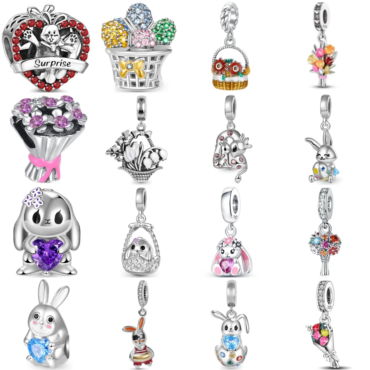 925 Sterling Silver Easter Bunny Flower Bouquet Sunflower Charms Beads Fit European Bracelet DIY Jewelr Accessories