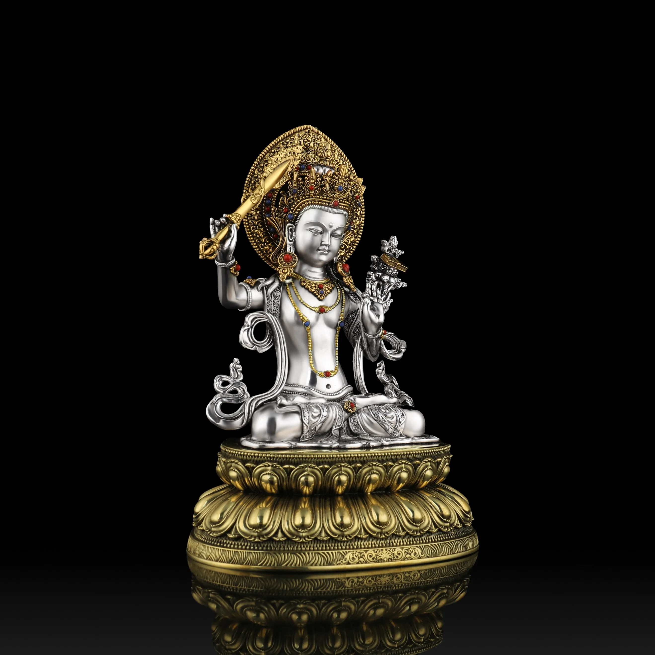 Tibetan Pure Copper Silver-Plated Manjushri with Wisdom Sword Statue 15cm Home Altar Wisdom Blessing