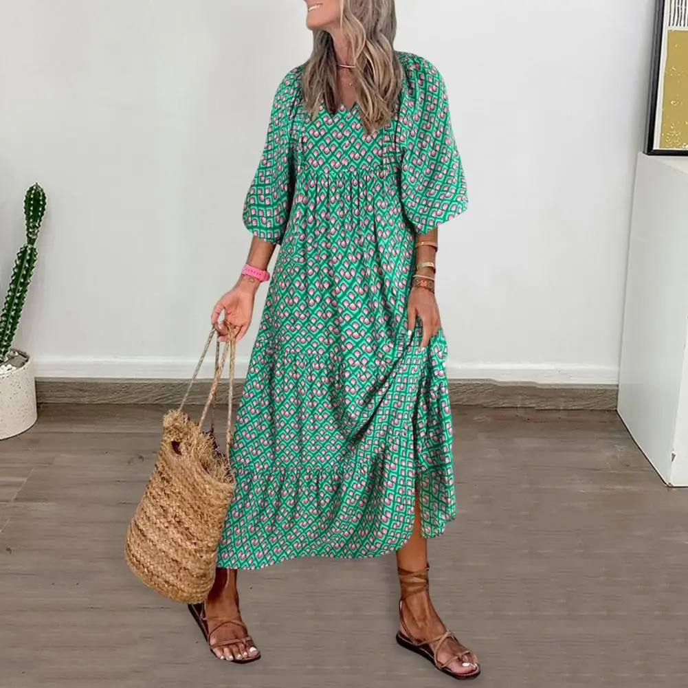 

Lady Fall Dress Bubble Sleeves V Neck Printing A-line Dress Loose Ankle Length Patchwork Bohemian Beach Maxi Dress