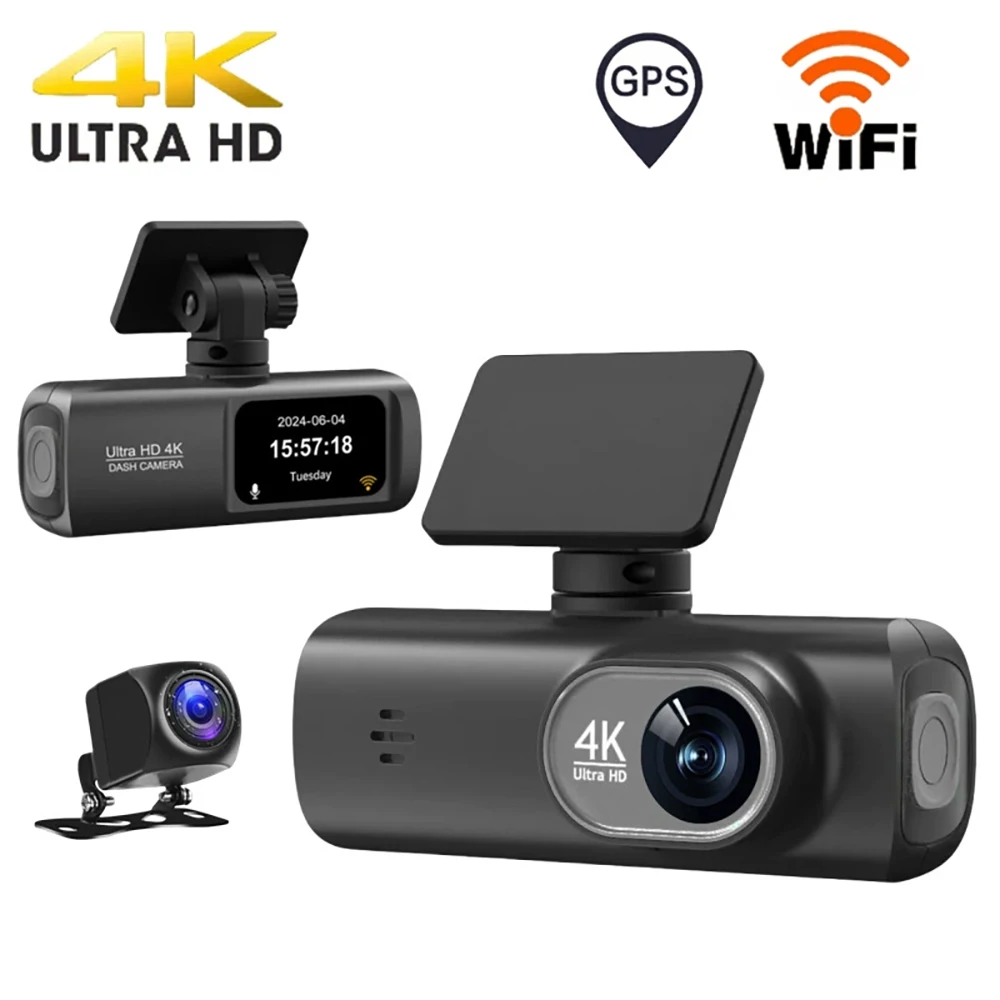 UHD 4K WiFi Dash Cam Dual Lens Driving Recorder Car DVR Optional 1080P Rear Lens Camera GPS 24-Hour Parking Monitoring Black Box