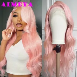 AIMEYA Light Pink Lace Front Wig Long Body Wave Synthetic Lace Hair Natural Hairline Heat Resistant Fiber Daily Use Cosplay Wigs