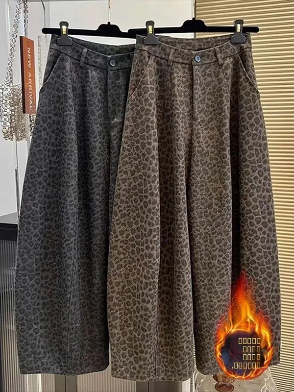

Утепленные флисом брюки больших размеров с леопардовым принтом для осени и зимы, повседневные широкие спортивные брюки свободного кроя в американском стиле