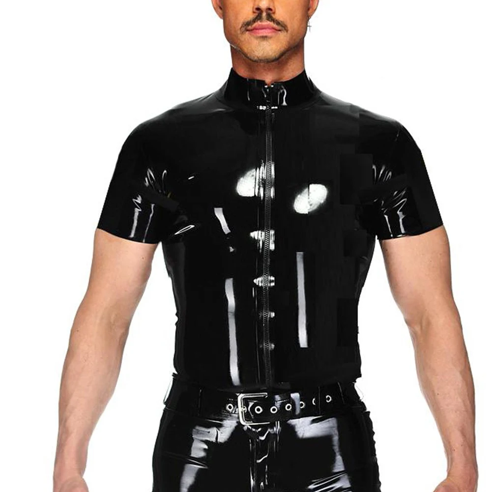 Men Faux Leather Shirt Coat Jacket Tops Short Sleeve Wet Look Zip Blouse Top Unisex Shiny Glossy Streetwear T Shirt Clubwear