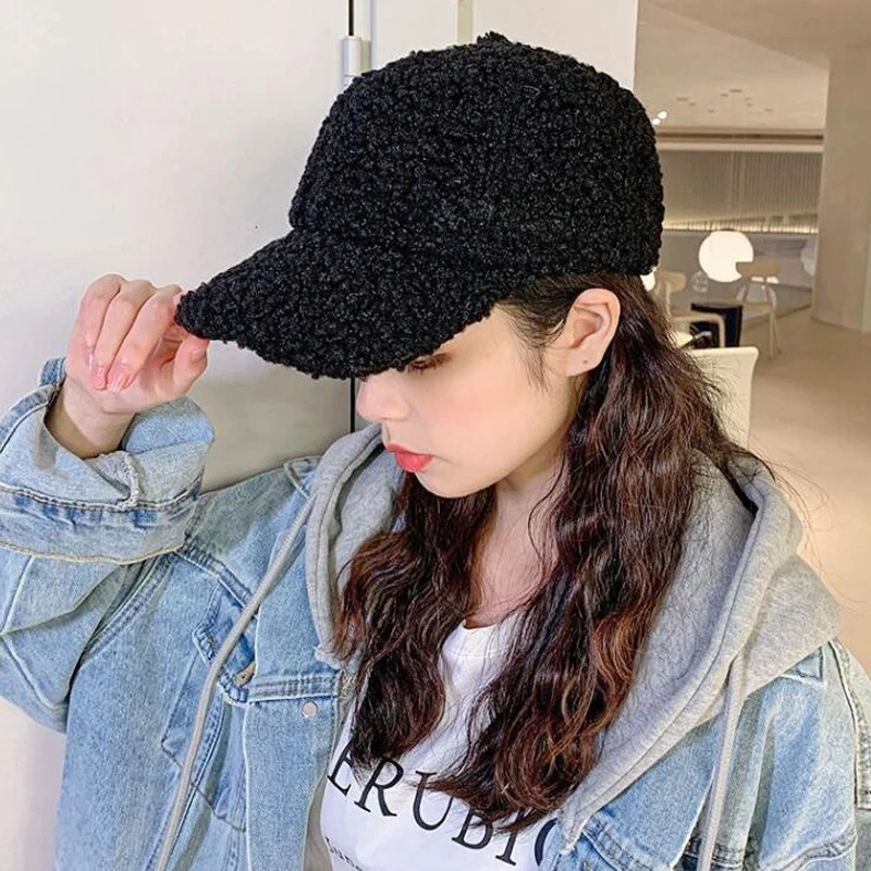 Gorra de béisbol de lana de cordero Artificial para mujer, gorro cálido de felpa para Primavera, Otoño e Invierno