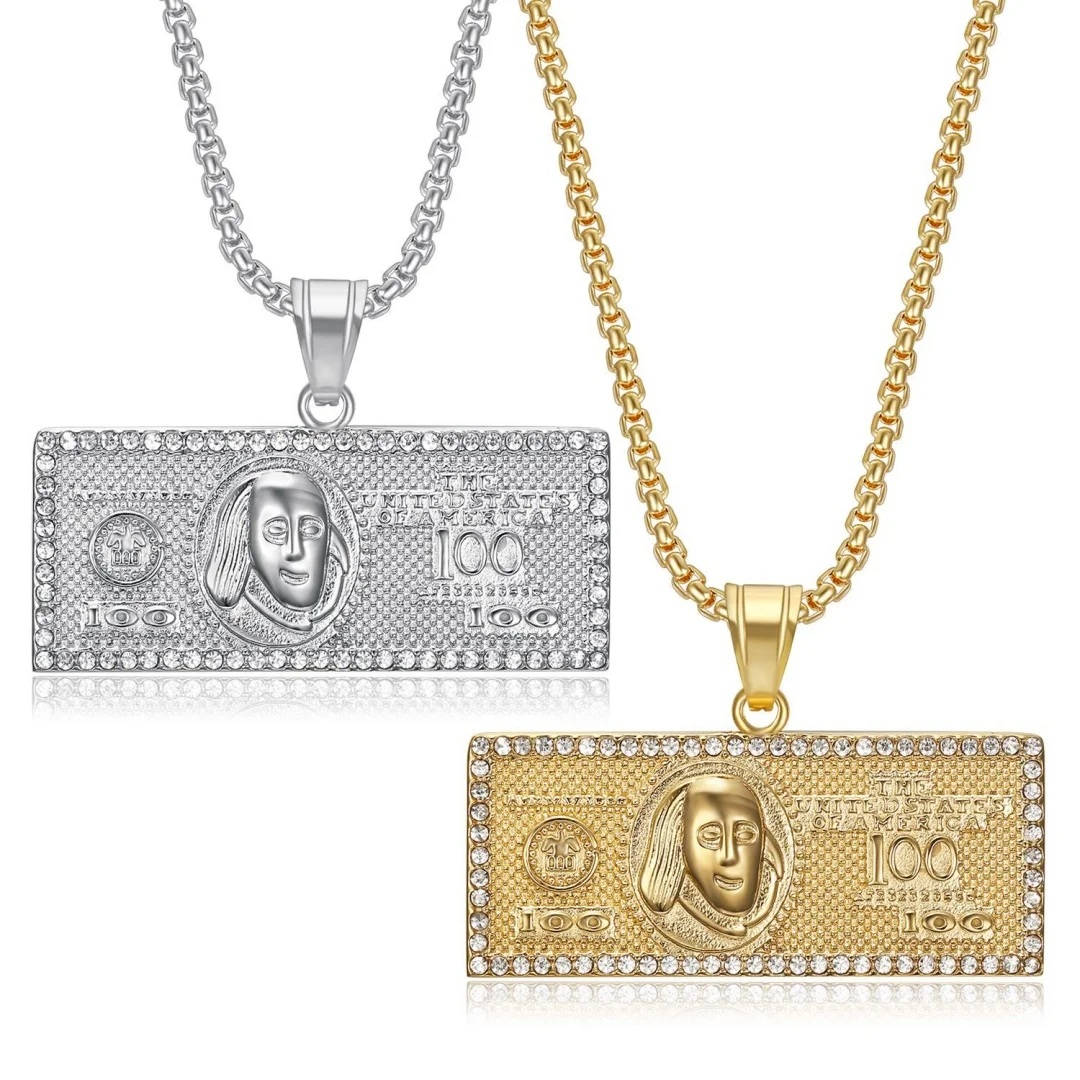 Hip Hop Iced Out Tennis $100 Dollar Signs Pendant Gold Silver Color Stainless Steel Zircon Money Necklace for Woman Man Jewelry
