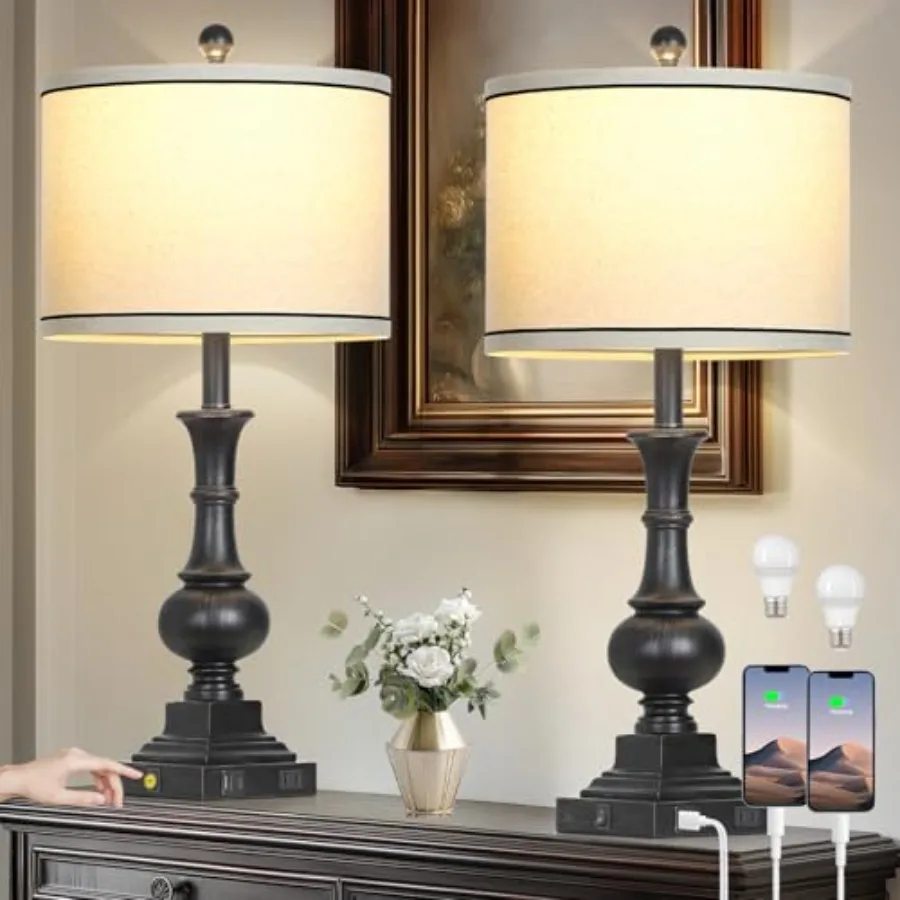 

Farmhouse Table Lamps Set of 2 Vintage Bedside Lamps with USB A+C Charging Ports and AC Outlet 26" Rustic Nightstand Lamp for L