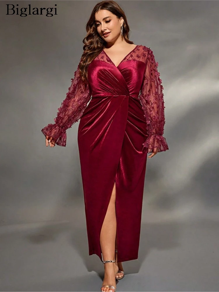 

Plus Size Spring Formal Dress Women Velvet Patchwork Flower Long Sleeve Elegant Modis Ladies Dresses Sexy Split Woman Long Dress