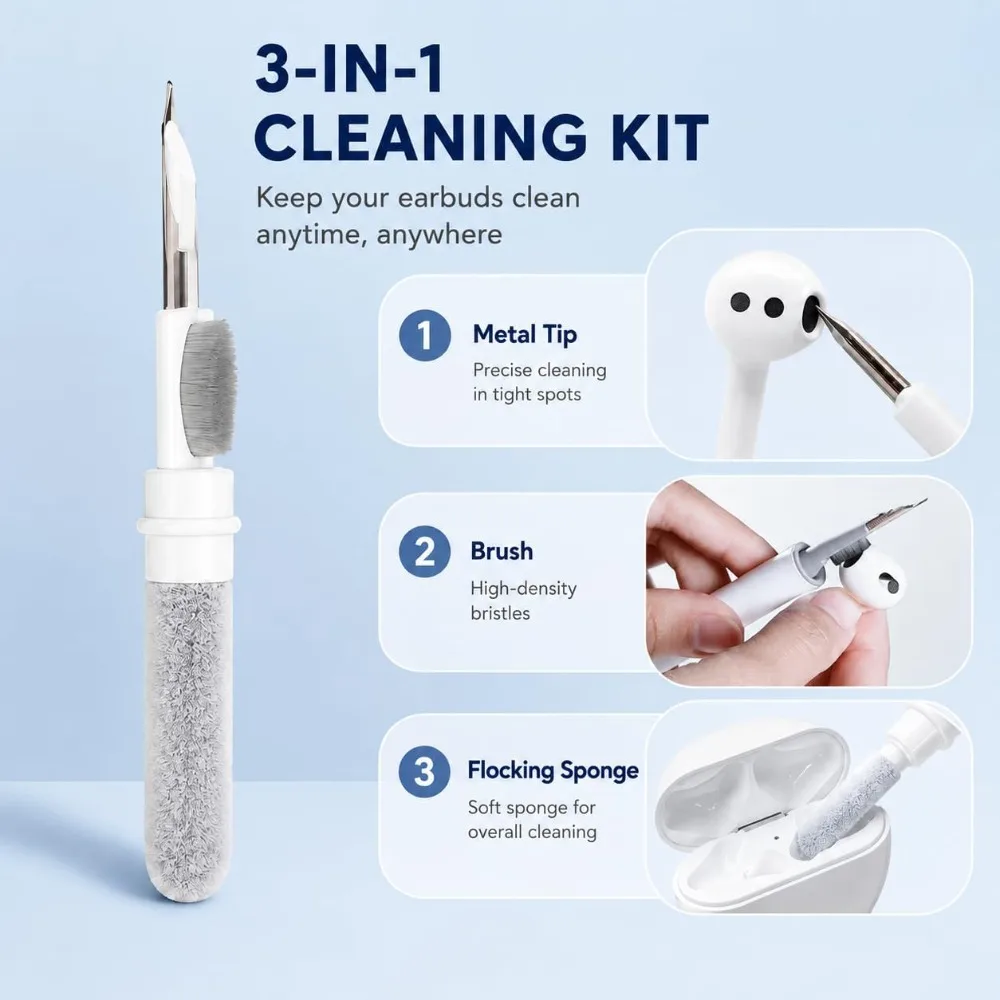 Earbud Cleaning Pen with Metal Tip,Soft Brush&Flocking Sponge,Cleaning Tool for Wireless Earbuds,Charging Case,Phone,Keyboard