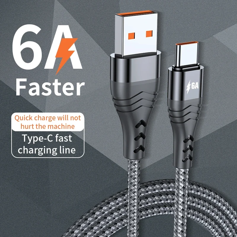 

1M/2M/3M Super Fast Charge Cable Type C Charging Cable 6A for Huawei OPPO Xiaomi Nylon Braided Data Cable USB C Charger