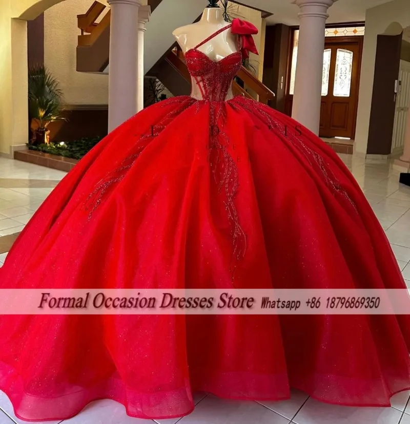 

Elegant Red Quinceanera Dresses Bow One Shoulder Ball Gown Sweet 16 Dress vestidos de 15 quinceañera Customsized